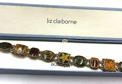 Vintage LIZ CLAIBORNE BRACELET Enamel Floral Medallion Links Gold Tone 7.5  Box • $24.99