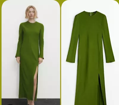 Massimo Dutti Womens Maxi Dress Sz M Green Flowing Long Sleeve Slit Style #6686 • $68