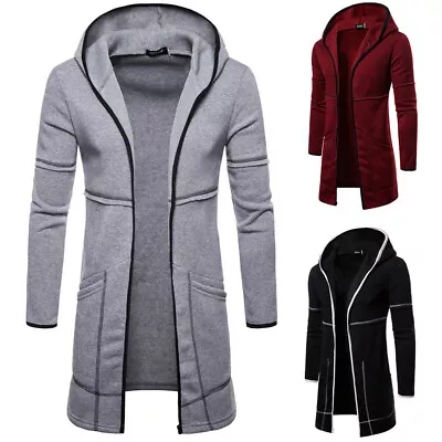 Fashion Mens Hooded Solid Trench Coat Jacket Cardigan Long Sleeve Outwear Blouse • $38.83