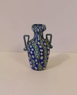 Millefiori Satin Glass Murano Two Handled Bud Vase Blue And Green 4 Inches • $75