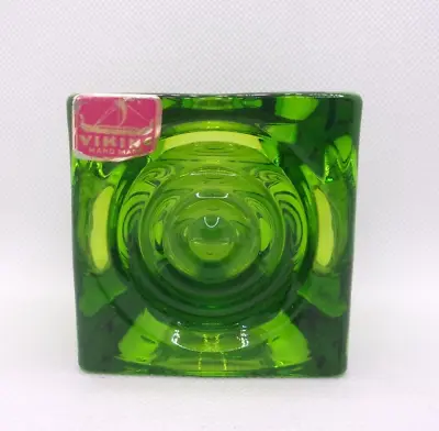 Vintage Viking Glass Bullseye Cube Candle Holder GREEN 2.5  With Orig. Sticker • $65