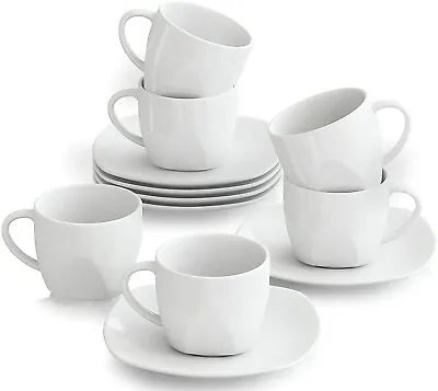 MALACASA Elisa 12-Piece White Cup And Saucer Set Porcelain Tea Coffee Cups 200ml • £19.99