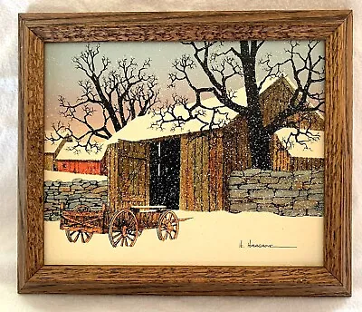  H.Hargrove Winter Barn Wagon Serigraph Painting Signed 12.25 X 10.25 Oak Frame  • $25