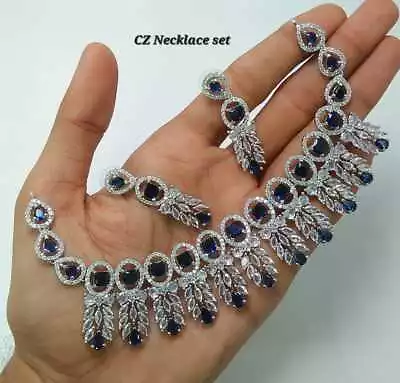 Indian Bollywood Silver Plated Earrings Bridal Set Ethnic AD Necklace Jewelry. • $28.99