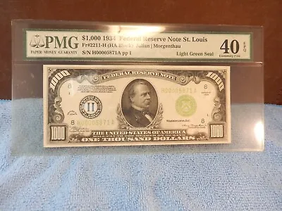 $1000 1934 - Saint Louis Federal Reserve Note - LIGHT GREEN SEAL PMG 40 EPQ • $7800