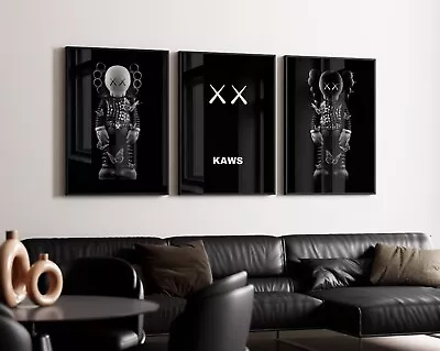 Set Of 3 Black Punk Kaws Art Pieces Canvas Wall Art Home Decor • $189.99