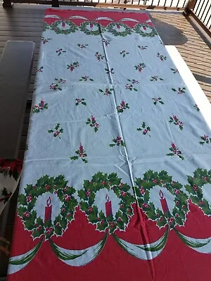$14.99 • Buy Vintage Christmas Tablecloth Holly/Berry Wreaths With Candles 65  X 70 