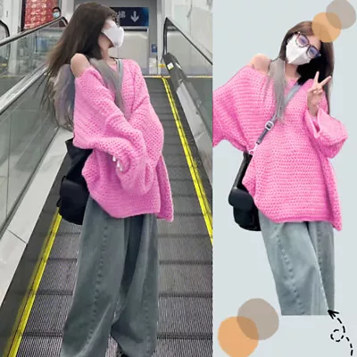 Autumn Women Korean Rose Red Off Shoulders Long Sleeve Loose Knitted Sweater • $18.94