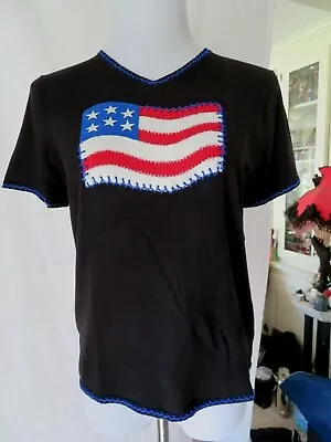 Michael Simon Event 4th July Black Top Size Large US Flag Patriotic Silk Blend • $19.99