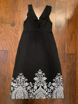 Soma Maxi Dress Extra Large XL Black Ruffle White Lace Print Hem Pockets Jersey • $32.88