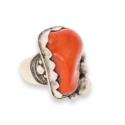 Vintage HUGE Navajo Old Pawn Native American Ring Coral Jasper Silver Jewelry • $14.50