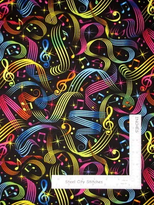 Rainbow Music Notes Black Cotton Fabric Timeless Treasures Music C5397 By Yard • $10.98