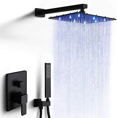 Shower Faucet Set With Valve Black 12in LED Rain Shower Head Combo Shower System • $95