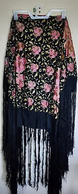 1890's Antique Hand Made Hand Embroidered Silk Piano Shawl Black W/ Pink Roses • $124.99