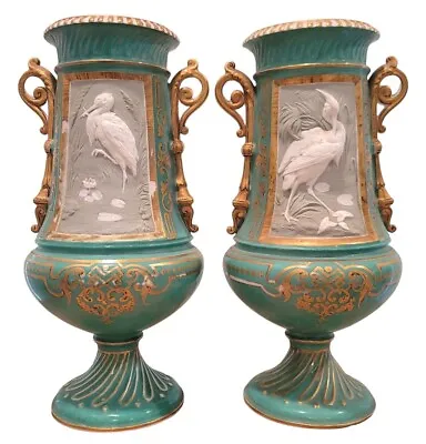 French Henri Ardant Limoges Pair Of Porcelain Vases 13  Cranes • $450