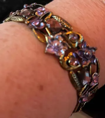 Vintage Bracelet Amethyst Stones Floral Gold Brass  Cuff Jewelry • $49.99