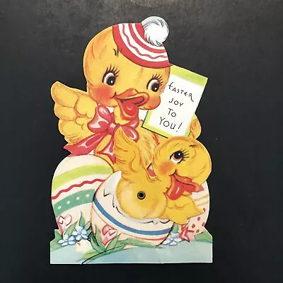 Vtg EASTER Card DieCut Adorable Duck & Duckling Colored Eggs East Joy To You! • $5