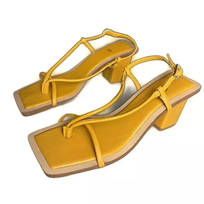 Zara Size 8 Strappy Square Toe Leather Sandals Block Heel Mustard Yellow • $24
