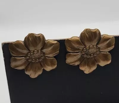 Vintage Earrings Clip On 1.25 Inch Brown Flower Good Condition • $9.90