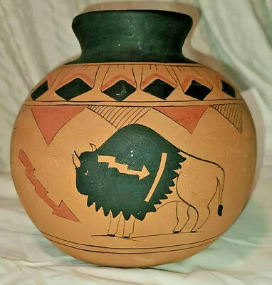 Signed R. Galvan Mexican Pottery Vase Buffalo Motif • $85