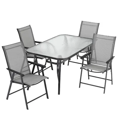 Garden Bistro Furniture 4 Seater Patio Glass Tbale & 4 Folding Chairs Set Black • £199.95