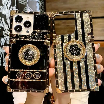 $15.39 • Buy For IPhone 13 Pro Max 12 11 XS XR Glitter Bling Gold Flower Square Case W/ Ring