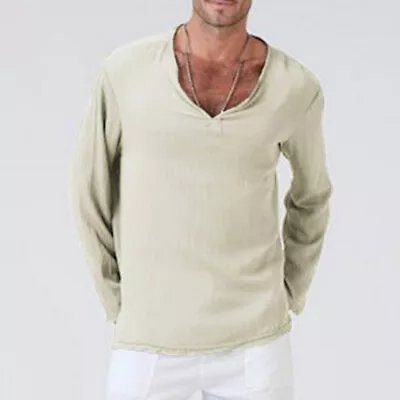 Summer Mens Long Sleeve Blouse Casual Loose Tee Tops Cotton Linen V Neck T Shirt • $20.30