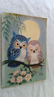 Blue & Pink Owls Art Litho By K Chin 1973 Donald Art Co. No 7516 Lovely Couple • $10.50