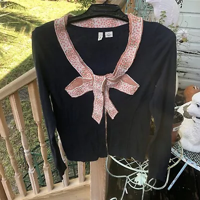 Anthropologie Moth Cardigan Sweater Navy Blue Sz S P Peach Polka Dot Bow Womens • $34.50