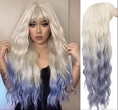 Baruisi Ladies Long Blonde To Blue Wavy Wig With Fringe  • £14.99