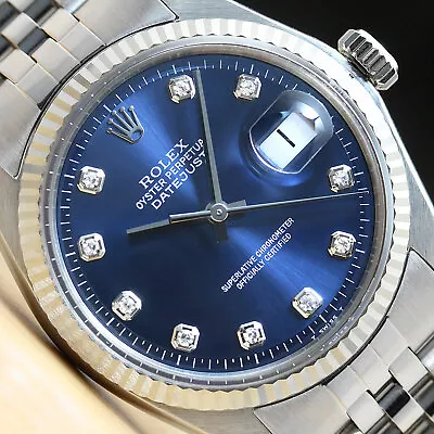 Mens Rolex Datejust Blue Diamond Dial 18k White Gold & Stainless Steel Watch • $4299