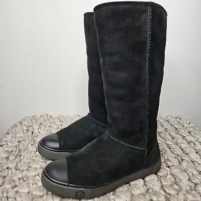 UGG Sheepskin Boots Delaine Size 7 Black Suede Leather Fold Over Shoes S/N 1886 • $37.09