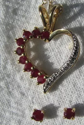 Sterling Silver Ruby & Diamond Heart Pendant 18  Necklace & Stud Earring Set • $35