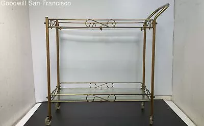 Vintage Hollywood Regency Glass Shelfs Rolling Bar Serving Cart Gold-Tone • $124.99