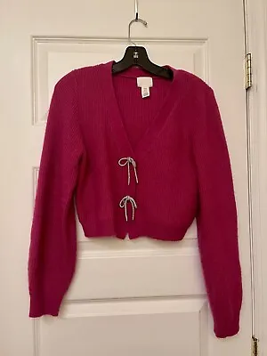 H&M Rhinestone Bow Rib Knit Cropped Cardigan Sweater Size XS Cerise RARE! • $20