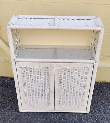 Vintage Boho Shabby Chic White Wicker Bathroom Linen Wall Cabinet With Shelves • $79.50