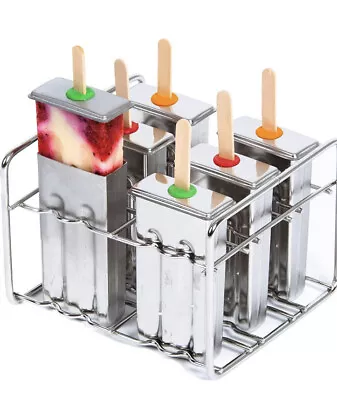 Kitzini 6 Stainless Steel Ice Lolly/Popcicle Moulds Freezing Rack & 50 Sticks • £13