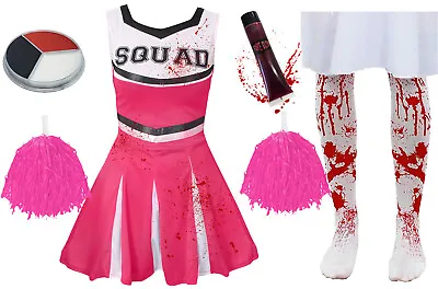 Girls Pink Zombie Cheerleader Childs School Fancy Dress Costume Halloween Teen • £10.99