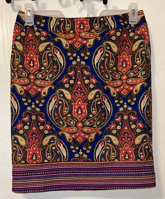 Merona Womens 10 Short Skirt Colorful Paisley Fully Lined Stretch Back Slit • $8.99