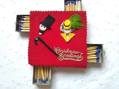 Vintage 1950's Christmas Greetings Match Stick Holder 4 Sided Hand Made Felt Box • $19.99