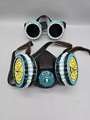 Black Blue Steampunk Gas Mask Respirator Goggles Cosplay Halloween Party W/ Gems • $14.95