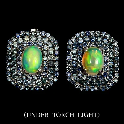 Unheated Oval Fire Opal 8x6mm Sapphire Diamond Cut 925 Sterling Silver Earrings • $178.33