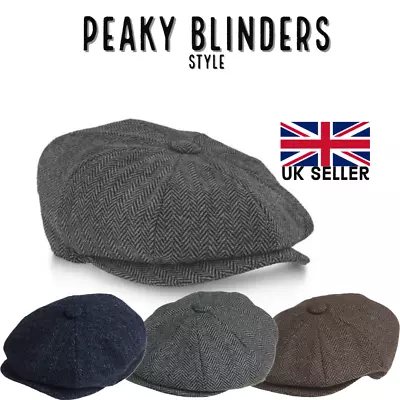 £10.99 • Buy Peaky Blinders Tommy Shelby Herringbone Newsboy Flat Cap Hat Grey Brown Navy
