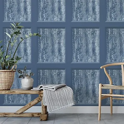 Muriva Eterna Blue Distressed Marble Wood Panel 3D Stone Effect Wallpaper • £11.69