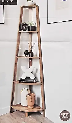 Rustic Oak 5 Tier Ladder Corner Shelf Bookcase Display Storage Unit Plant Stand • £58.95