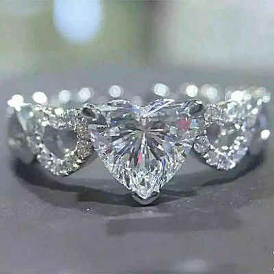 Women Wedding Jewelry Heart Cubic Zircon Charm 925 Silver Filled Ring Sz 6-10 • £4.02