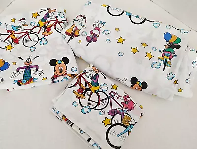 Vtg Disney Mickey Donald Goofy Bicycle Bikes Double Bed Sheet Set-1 Pillowcase • $43.97