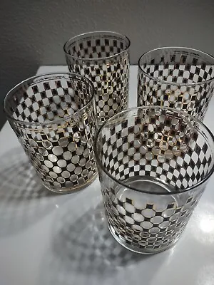 Vintage Culver Lowball Glasses Set Gold & Black Lattice Argyle Bar Beauties MCM • $27.95