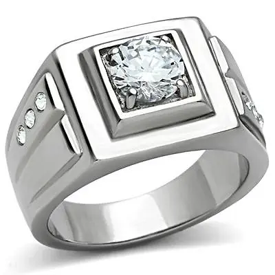 Men's Stainless Steel Round CZ Cubic Zirconia Square Wide Ring Sz 8-13 • $13.43