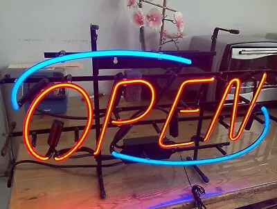 Vintage NEON OPEN Hand Blown Glass Sign With Wall Mount Hang Fixture 24  Length • $64.99